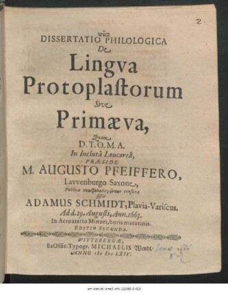 Dissertatio Philologica De Lingua Protoplastorum Sive Primaeva