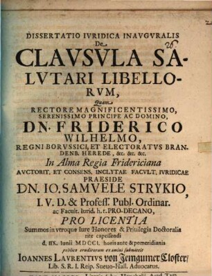 Dissertatio Ivridica Inavgvralis De Clavsvla Salvtari Libellorvm