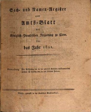 Amtsblatt der Königlichen Regierung zu Cleve. 1821