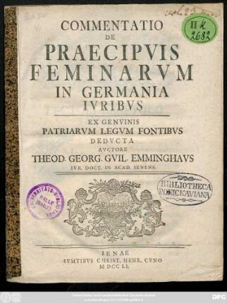 Commentatio De Praecipvis Feminarvm In Germania Ivribvs : Ex Genvinis Patriarvm Legvm Fontibvs Dedvcta