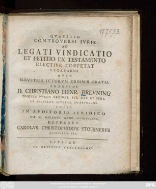 Qvaestio Controversi Ivris An Legati Vindicatio Et Petitio Ex Testamento Elective Competat Legatario