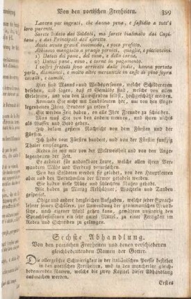 Sechste Abhandlung. Von den poetischen Freyheiten und denen verschiedenen gleichbedeutenden Namen der Gotter.