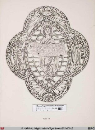 Christus und einige seiner Jünger, umgeben von einem Ornamentrahmen