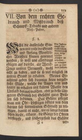 VII. Von dem rechten Gebrauch und Mißbrauch deß Schnupff-Tobacks und anderer Nieß-Pulver