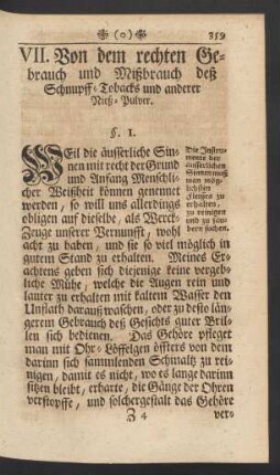 VII. Von dem rechten Gebrauch und Mißbrauch deß Schnupff-Tobacks und anderer Nieß-Pulver