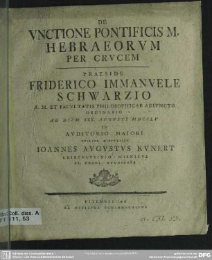De Unctione Pontificis M. Hebraeorum Per Crucem