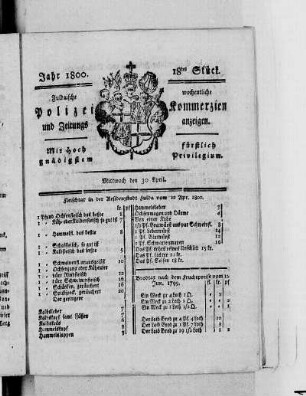 18tes Stück, Ausgabe vom 30. April 1800