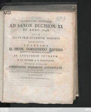 Diss. 2: Dissertatio ... Ad Saxon. Decision. XI. De Anno 1746.