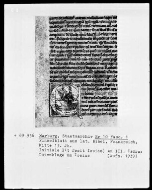 Einzelblatt aus einer lateinischen Bibel, Initiale E(t fecit Iosias) zu III. Esdra: Totenklage um Iosias