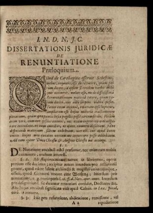 I.N.D.N.J.C. Dissertationis Juridicae De Renuntiatione Praeloquium.