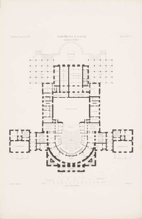 Stadttheater, Leipzig: Grundriss EG (aus: Atlas zur Zeitschrift für Bauwesen, hrsg. v. G. Erbkam, Jg. 20, 1870)