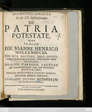 Disputatio Juridica In tit. IX. Institutionum De Patria Potestate