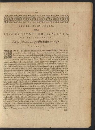 Dissertatio Tertia. De Condictione Furtiva, Ex Lege, Et Triticaria.