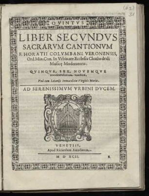 Orazio Colombani: Liber secundus sacrarum cantionum ... quinque, sex, novemque ... vocibus. Quintus