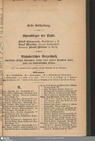 Erste Abtheilung. Einwohnerverzeichnis : Erste Abtheilung. Alphabetisches Verzeichniß sämmtlicher hiesiger Einwohner, welche einen eigenen Hausstand haben, sowie der kaufmännischen Firmen