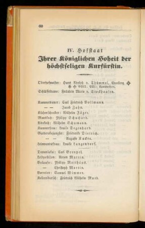 IV. Hofstaat Ihrer königlichen Hoheit der höchstseligen Kurfürstin.