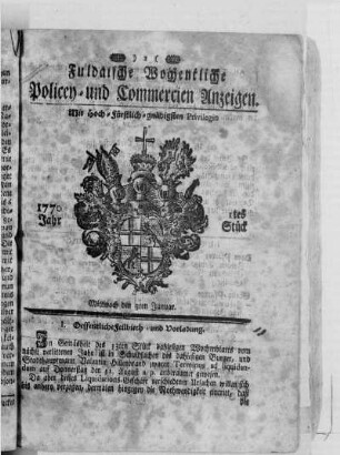 1tes Stück, Ausgabe vom 3. Januar 1770
