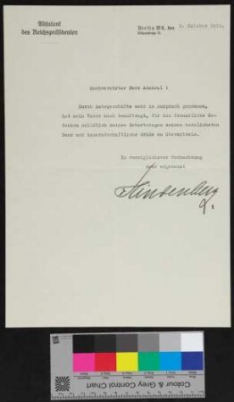 Brief vom Adjudanten des Reichspräsidenten von Hindenburg, Danksagung vom 08.10.1931 zum Geburtstag