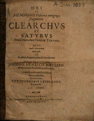 Ex Memnonis Historici peregrini fragmentis Clearchus Et Satyrus, Primi Heracleae Ponticae Tyranni