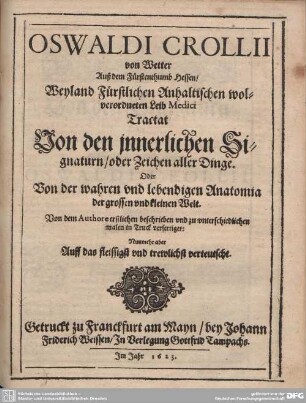 Tractat Von den innerlichen Signaturn, oder zeichen der dinge