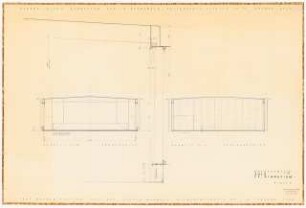 Evangelisches Gymnasium »Zum Grauen Kloster«, Berlin-Wilmersdorf Erweiterungsbau: 3 Schnitte C-D Bühnenseite, E-F Eingangsseite, Aula 1:50, Detailschnitt ca. 1:10