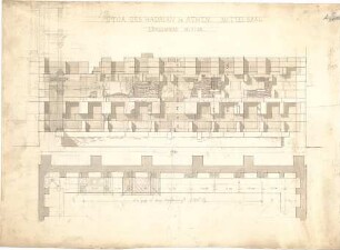 Thiersch, August ; Athen (Griechenland); Stoa des Hadrian - Mittelsaal, Längswand (Grundriss, Ansicht)