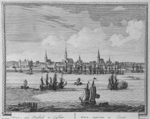 Pieter Schenk (1660-1718/1719): Riga. Panorama der Südseite mit Schiffen. 1702. Kupferstich; 216 x 270 mm. Dresden: Kupferstich-Kabinett B 2003,2