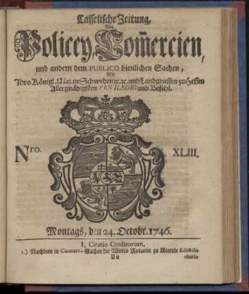 Nro. XLIII, Montags, den 24. Octobr. 1746