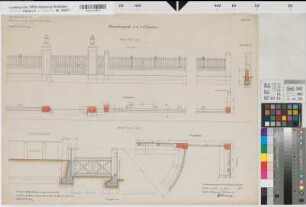 Münster (Münster) Trainkaserne Umwehrung der 3., 4. und 5. Eskadron) Bl. 37 Ansichten, Grundrisse, Schnitt (1913)1917 1 : 50 50 x 67 farb. Druck Maschke und Rudnicki, Regierungsbaumeister Hochbauamt Münster