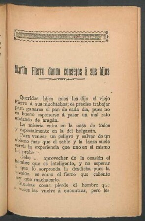 Martín Fierro dando consejos á sus hijos