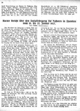 Kurzer Bericht über den Soziallehrgang für Pastoren in Spandau vom 19. bis 25. Januar 1927.