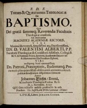Theses & Quaestiones Theologicae De Baptismo