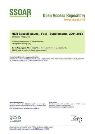 HSR Special Issues - Foci - Supplements, 2004-2014