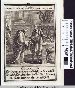 Joseph von Arimathia bittet Pilatus um den Leib Christi.
