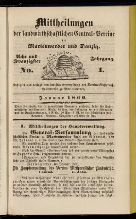 Acht und Zwanzigster Jahrgang. No. 1. Januar 1860.