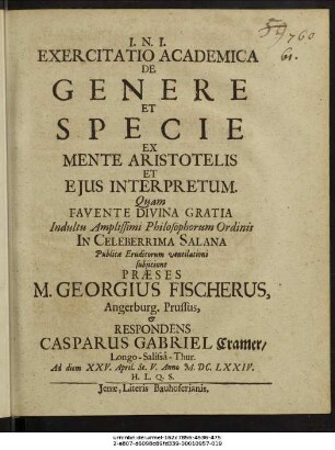 Exercitatio Academica De Genere Et Specie Ex Mente Aristotelis Et Eius Interpretum