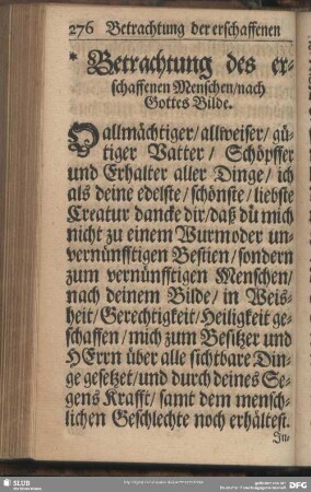 Betrachtung der erschaffenen Menschen, am Freytag