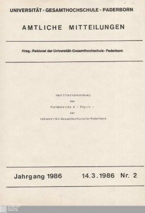 Habilitationsordnung des Fachbereichs 6 - Physik - der Universität-Gesamthochschule-Paderborn : 14.3.1986