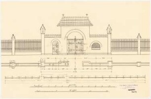 Kranken- und Siechenhaus, Brüssow Gültiger Ausführungsentwurf. Zaun und Einfahrtstor: Zaun und Einfahrtstor für die Vorderseite, Ansicht, Grundriss 1:50