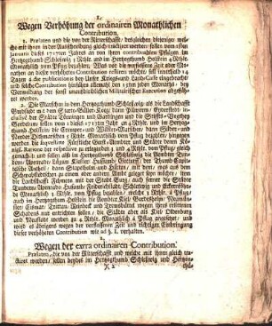 1. Wegen Verhöhung der ordinairen Monathlichen Contribution.