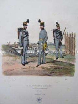 Uniformdarstellung, Unteroffizier, Offizier und Gemeiner des Pionier-Korps, Österreich, 1840. Tafel aus: Trentsensky: K.K. Oesterreichische Armée nach der neuen Adjustirung.
