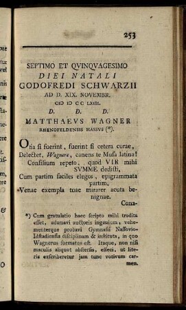 Septimo Et Quinquagesimo Diei Natali Godofredi Schwarzii Ad D. XIX. Novembr.