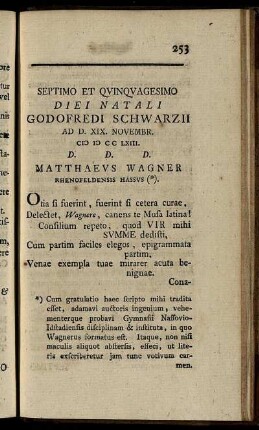 Septimo Et Quinquagesimo Diei Natali Godofredi Schwarzii Ad D. XIX. Novembr.