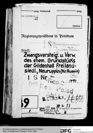 Grundstücke der ehemaligen Eigentümerin Gildenhall Freiland-Siedlung eGmbH in Neuruppin-Gildenhall, Grundbuch Nietwerder Bd. 6f. Bl. 182ff.