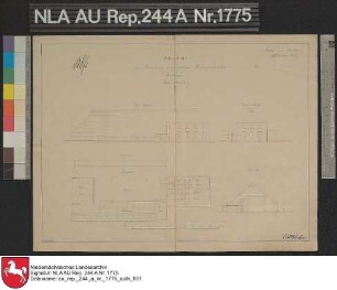 Grundriß und Ansicht vom Platzgebäude MEERHUSEN Kolorierte Zeichnung von A. F. Doeltz Papier Format 40,2x30,8 M 1:250