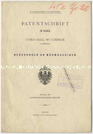 Patentschrift über Neuerungen an Mähmaschinen, Patent-Nr. 6564
