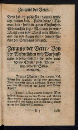 Zeugnis der Veter/ Von der Wesentlichen und Warhafftigen gegenwertigkeit/ des Leibs unnd Bluts Christi/ im h. Abendmal/ wider die Sacramentierer.