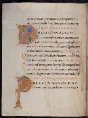Zierinitiale / Randleisteninitiale mit Rankenbesatz: a) D(eus qui conspicis); b) P(reces nostras)