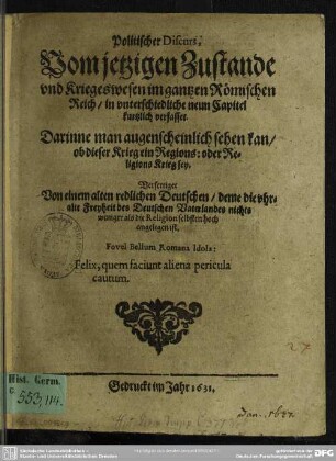 Politischer Discurs vom jetzigen Zustande und Kriegswesen im gantzen Römischen Reich
