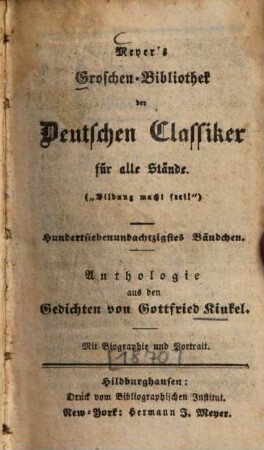 Anthologie aus den Gedichten von Gottfried Kinkel : mit Biographie und Portrait